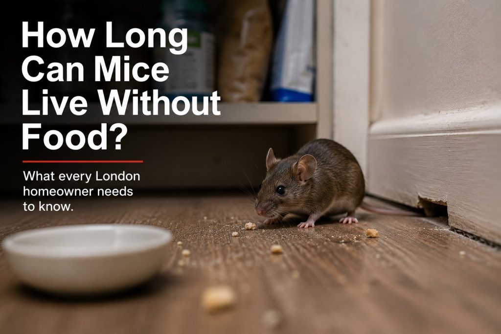 Mouse near crumbs beside a kitchen cupboard in a London home