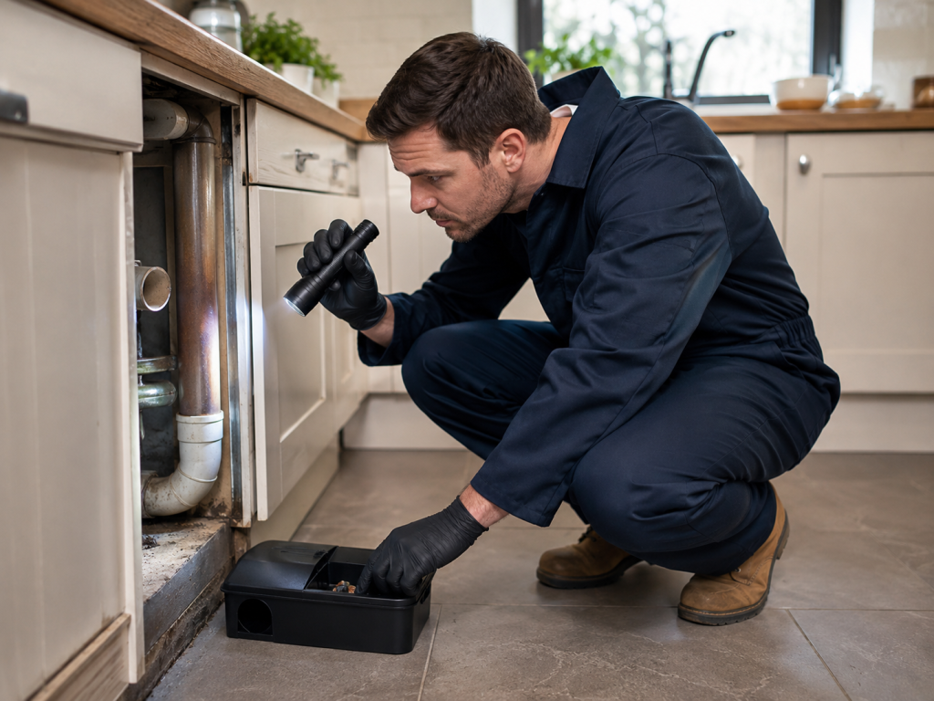 Professional rat control technician placing a secure bait station during kitchen inspection